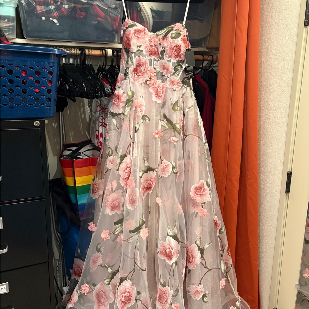 Floral Strapless Gown with Pink Flowers